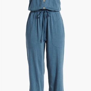 Faherty Terra Organic Blue Sleeveless Jumpsuit with wood Button Detail
